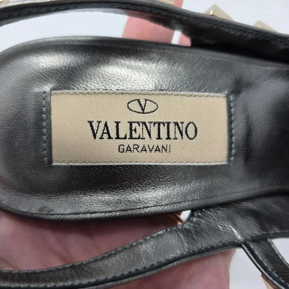 Valentino Rockstud Slingback Heels Stud Black Sequin Strappy Gladiator Pump 37 7